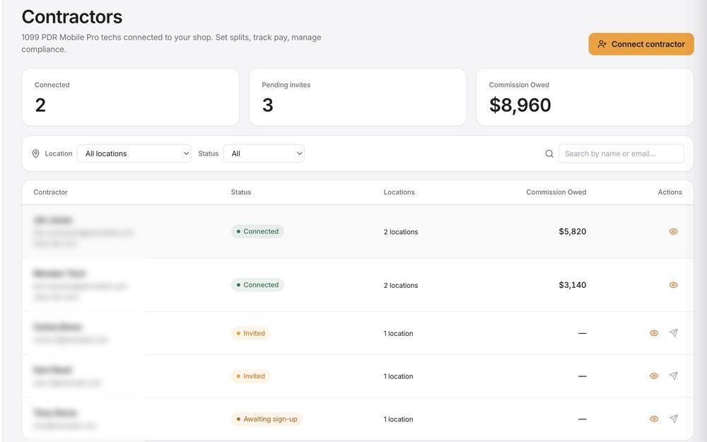 PDR Mobile contractors screen — connected and invited techs with commission owed