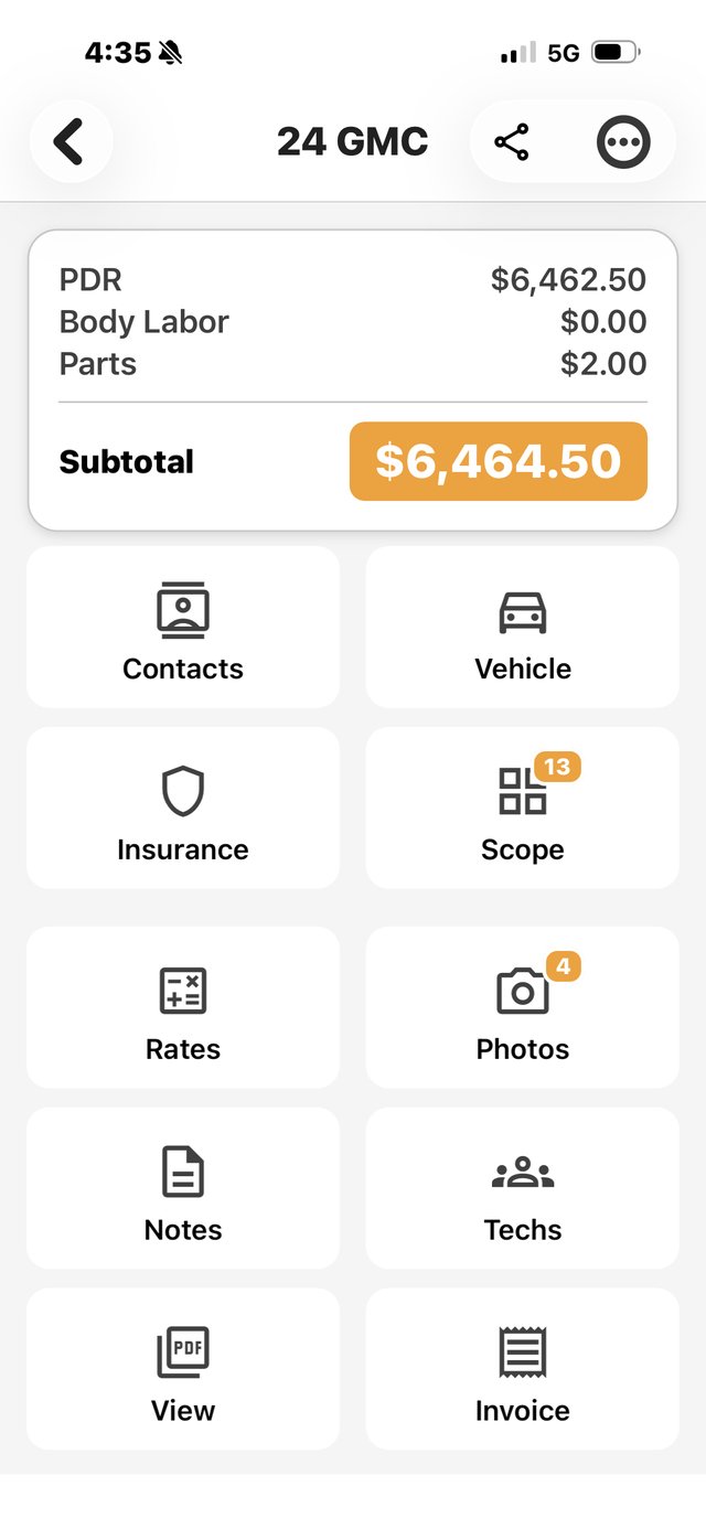 PDR Mobile estimate for a 24 GMC showing a $6,464.50 subtotal above Scope, Photos, Rates, Techs and Invoice tiles