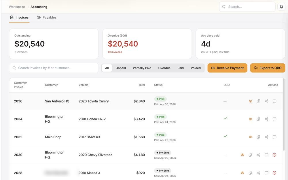 PDR Mobile invoice dashboard — outstanding, overdue and average days paid, above a list of customer invoices and their status