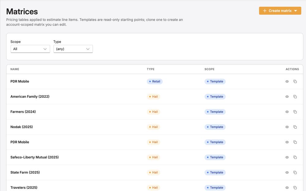 PDR Mobile matrices screen — saved hail and retail pricing matrices with their scope and type