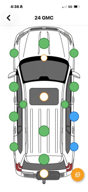 PDR Mobile panel scope map — top-down view of a 24 GMC with damage markers on each panel